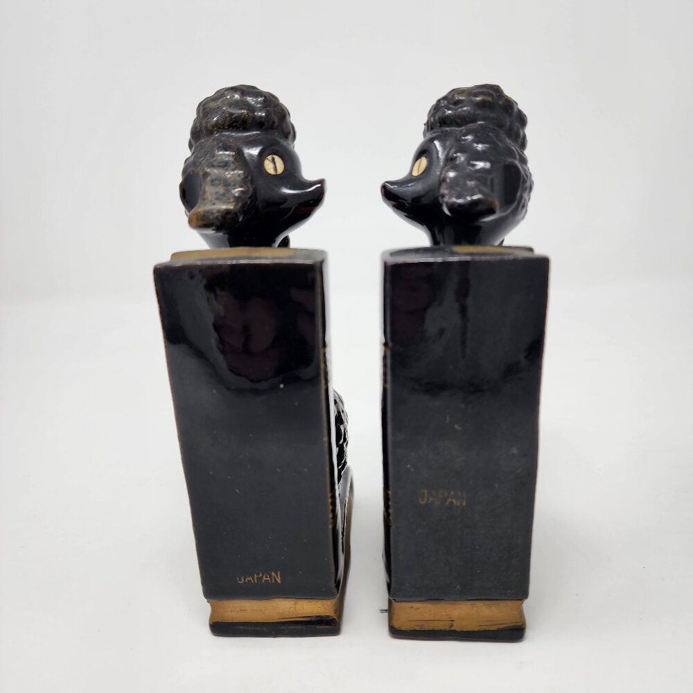 Vtg MCM Japan Redware Ceramic 6" Black & Gold Poodle Dog Bookends Pen Holders - Picture 7 of 11